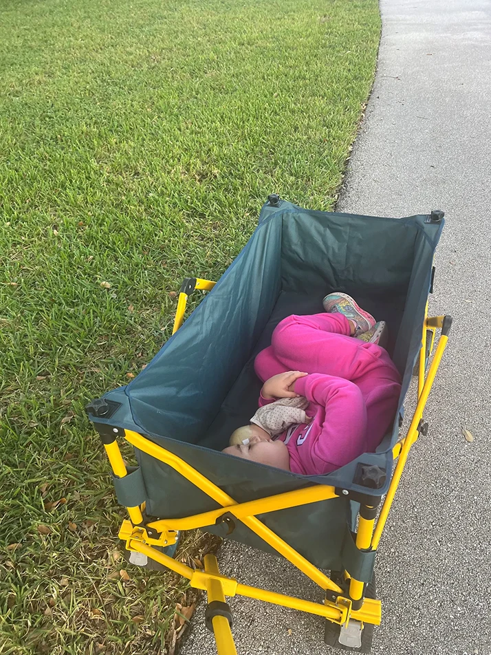 Little Girl Lying Down Sleeping in Nylon Wagon